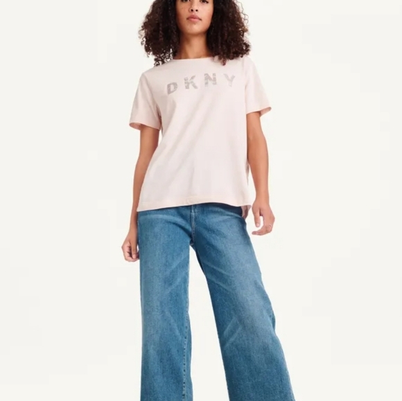 New Dkny Glitter Logo Tee blush pink women's large